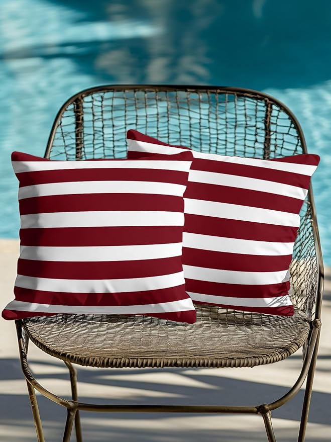 Waterproof Outdoor Pillow Set of 2 Burgundy Red Stripes Decorative Throw Pillows Cover & Insert 18x18 Inch Pillowcase Classic Striped Lines Pillows for Couch Sofa Bed Patio Furniture Indoor Outdoor