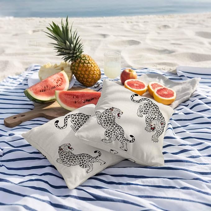 Vandarllin Outdoor Throw Pillows Covers 20x20 inch Set of 2 Waterproof Linen Leopard Decorative Zippered Cushion Covers for Patio Furniture, Bohemian Animal Print Lumbar Pillowcases