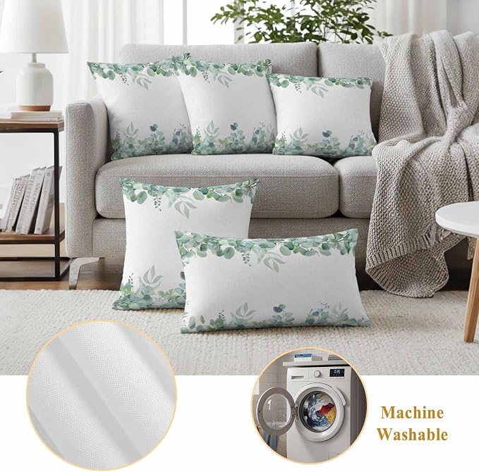 Spring Green Leaf Outdoor Waterproof Throw Pillow Covers Set of 2, 20"x20", Eucalyptus Leaves Watercolor Plants Decorative Pillow Covers Outside Cushion Case for Patio Porch Garden