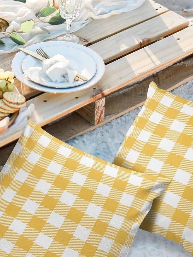 Outdoor Waterproof Throw Pillow Covers Set of 2 Yellow Buffalo Check Plaid Pillowcases 16x16 Inches Farmhouse Style Patio Decorative Pillows Cushion Case Patio Pillows for Couch Bed Chair Garden