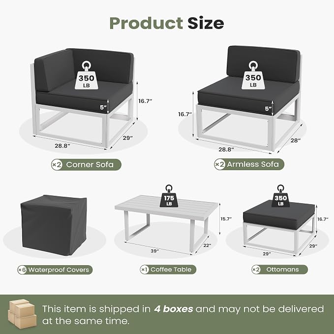 7 Piece Aluminum Patio Furniture Set with Waterproof Cover & 5" Thick Cushions, Aluminum Outdoor Sectional Conversation Set with Coffee Table Ottoman for Porch, Backyard(Light Grey/Grey)