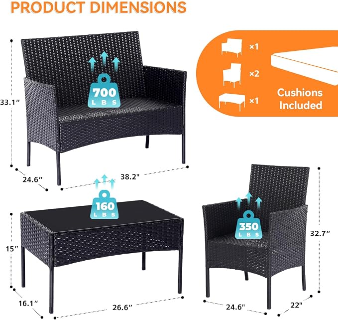 Patio Furniture Set, Outdoor Furniture Set 4 Pieces Patio Conversation Set PE Rattan Chair with Cushion Tempered Glass Table Garden Balcony Sets for Yard Pool Backyard Black/Beige
