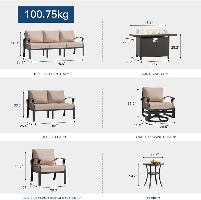Kullavik Aluminum Patio Furniture Set,8 Piece Modern Metal Outdoor Patio Furniture w/5.1'' Thick Cushion,Swivel Chairs and Propane Fire Pit Table,Patio Conversation Sets for Porch,Deck,Sand