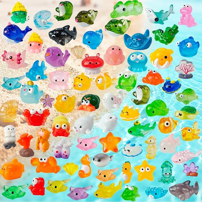 Piemow 77 Pcs Mini Ocean Animals Resin Figures, Sea Micro Landscape Decor | Tiny Resin Animal Decorations, Miniature Marine Creature Accessories Gifts for Fish Tank Aquarium Fairy Garden