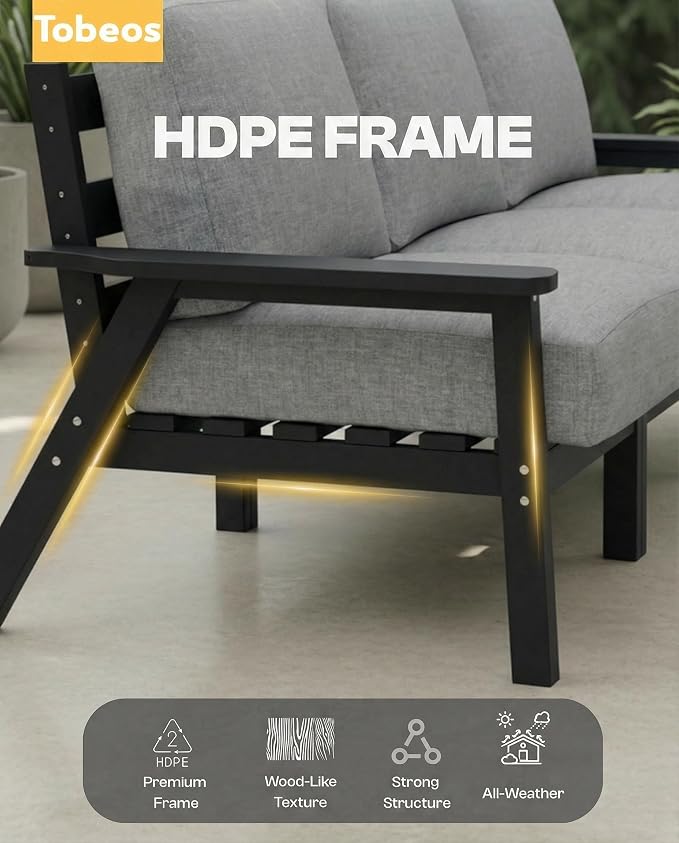 HDPE 5 Piece Patio Furniture Set, Outdoor Couch with Washable Thick Gray Cushions & Coffee Table, Outdoor Sectional Furniture for Backyard, Deck, Lawn, Porch (Black Frame)