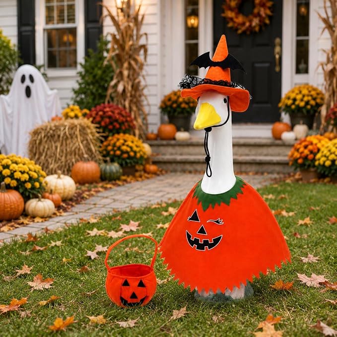 STONESTAR Halloween Porch Goose Outfits for 23'' Lawn Geese Statue Goose Costume with Witch Hat Pumpkin Outfits Candy Treat Bag, Outdoor Garden Goose Decor for Patio Yard Lawn Art Halloween Ornament