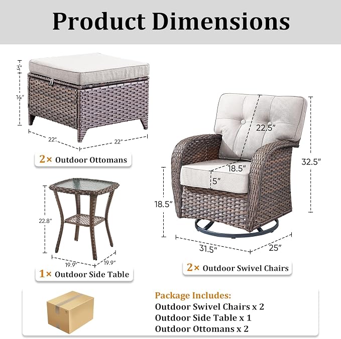 Patio Furniture Set, 5PCS Outdoor Wicker Conversation Set, High Back Rattan Sofa & Swivel Rocker Chairs, Weather Resistant Olefin Fabric for Garden, Poolside Brown/Beige