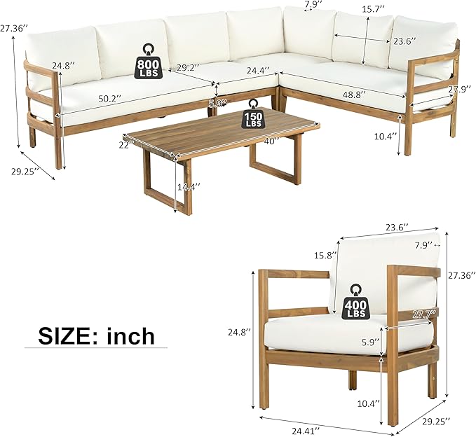 Merax Outdoor Acacia Wood 7-Seater Sectional Sofa Set with Cushions, Wood Patio Modular Lounge with Corner & 1 Table & 2 Club Chairs for Balcony, Porch, Garden, Beige + Light Brown