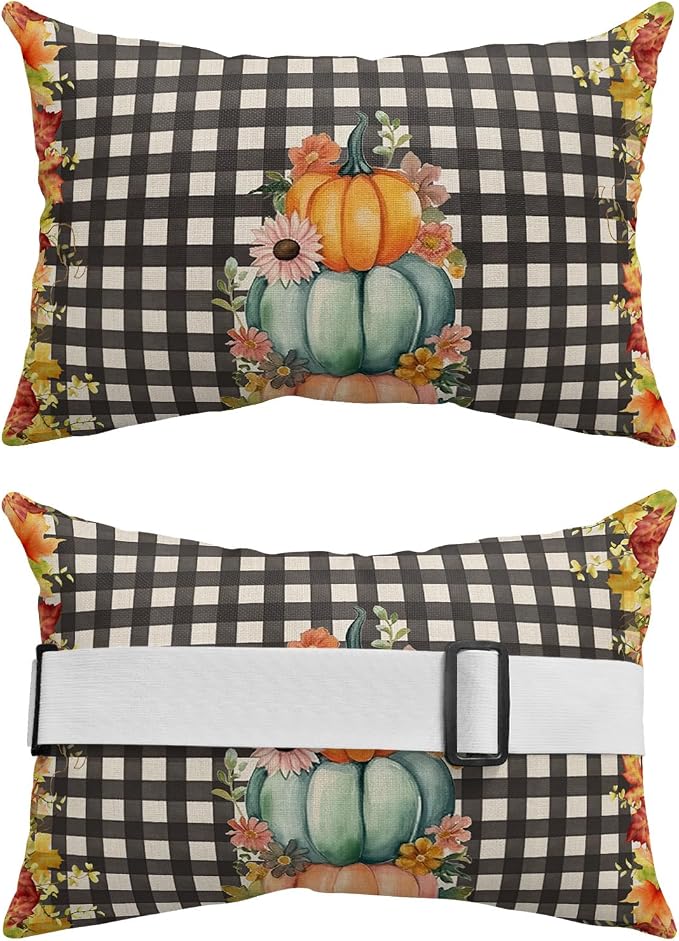 Outdoor Pillows Covers with Inserts Thanksgiving Pumpkin Flowers Fall Black Buffalo Plaid Waterproof Pillow with Adjustable Strap Throw Pillows for Patio Furniture Recliner Lounge Chair, 12"x20", 2PCS