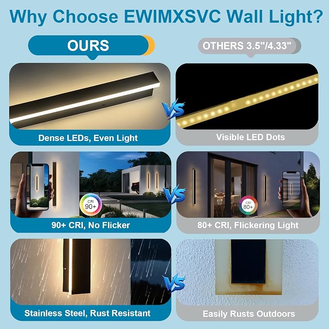 48inch Long Outdoor Sconce Lights, Black Modern Outdoor Sconce Wall Lights, Waterproof Exterior Wall Mounted Lighting Fixtures, 3000k Linear Wall Light for House, Garage 38W