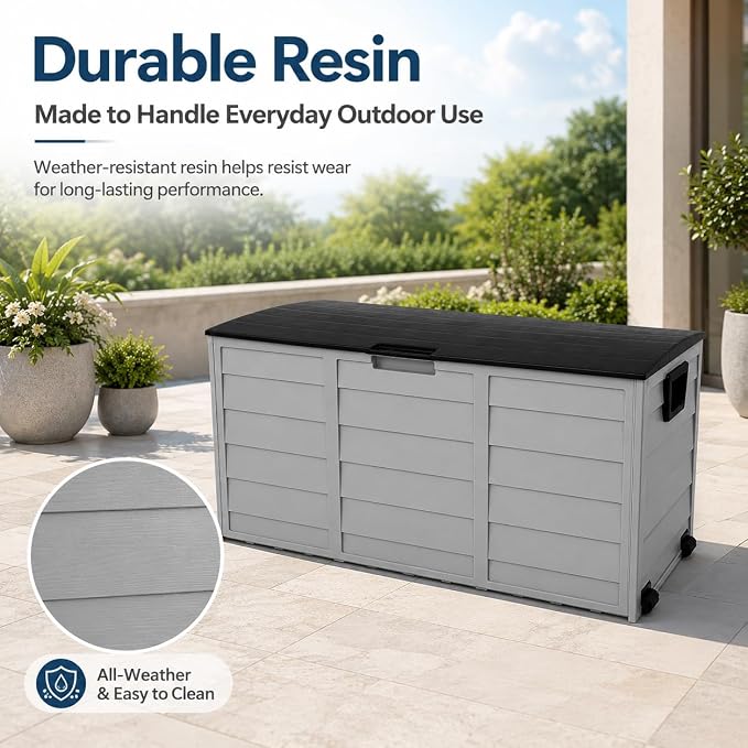 75 Gallon Resin Deck Box, Waterproof Outdoor Storage Box with Wheels, Lockable Lid and Handles, Large Deck Storage for Outdoor Gear, Patio Furniture Cushion, Gardening Tools, Black