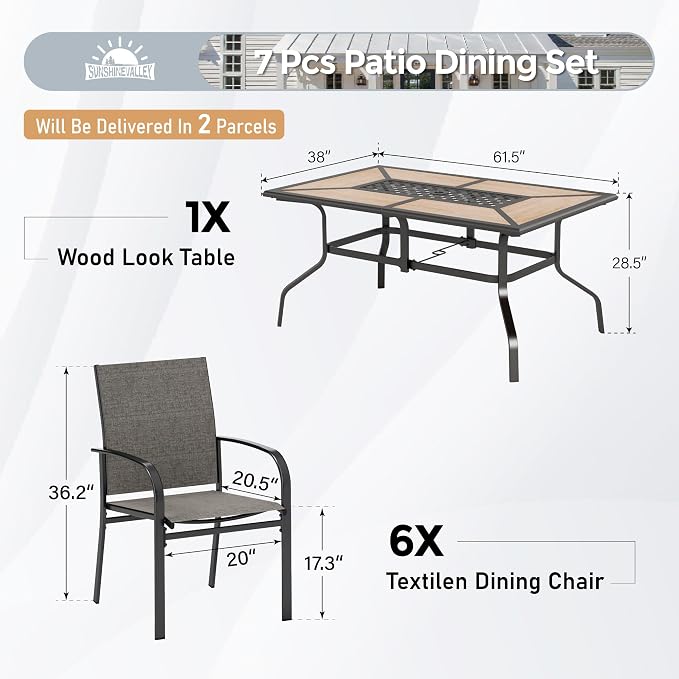 SUNSHINE VALLEY 7 Pcs Patio Dining Set for 6, Metal Rectangular Dining Table (PVC Table Top) with Umbrella Hole and 6 Chairs, Outdoor Dining Set for Lawn Garden Deck, Brown