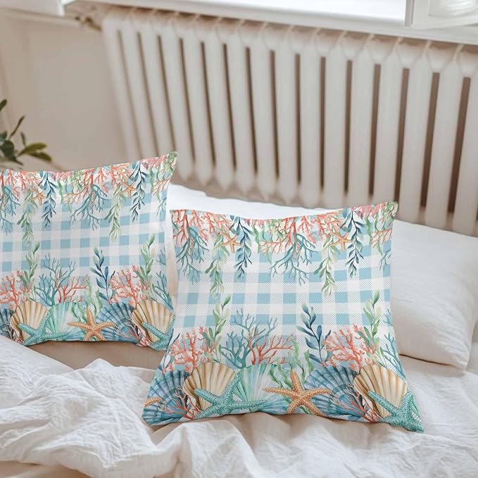 Throw Pillow Covers 16x16 Inch Set of 2, Nautical Coastal Waterproof Outdoor Pillow Covers, Summer Beach Shell Coral Seaweed Blue Plaid Decorative Cushion Pillowcases for Couch, Sofa, Bed, Patio