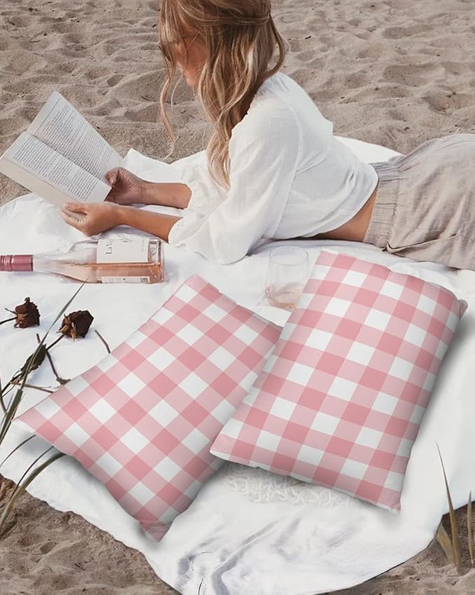 Outdoor Waterproof Throw Pillow Covers Set of 2 Romantic Love Lumbar Pillowcases 20x12 Inches Pink Buffalo Check Plaid Patio Decorative Pillows Cushion Case Patio Pillows for Couch Bed Chair Garden