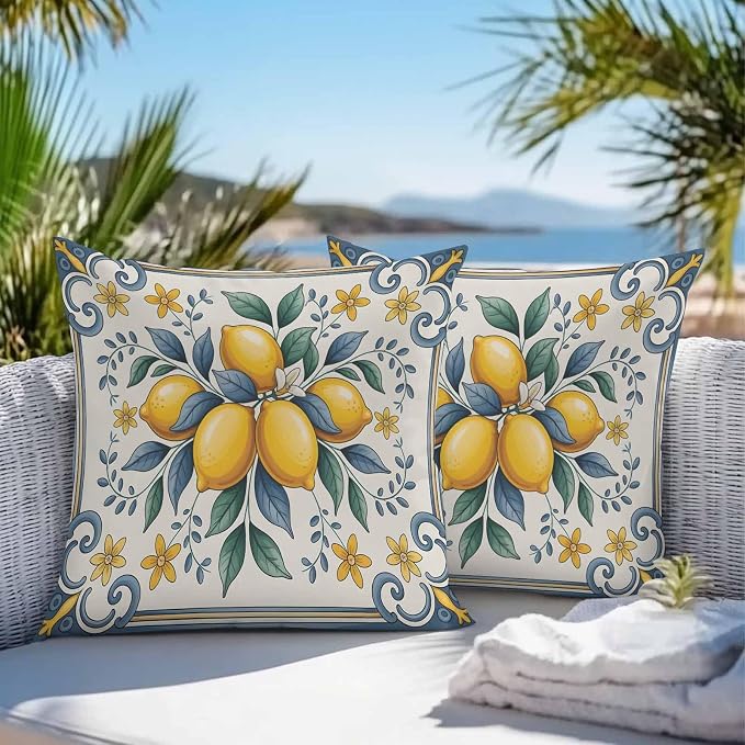 Throw Pillow Covers 24x24 Inch Set of 2, Yellow Blue Lemon Waterproof Outdoor Cushion Covers, Summer Botanical Watercolor Decorative Pillowcases for Couch, Sofa, Bed, Garden, Patio