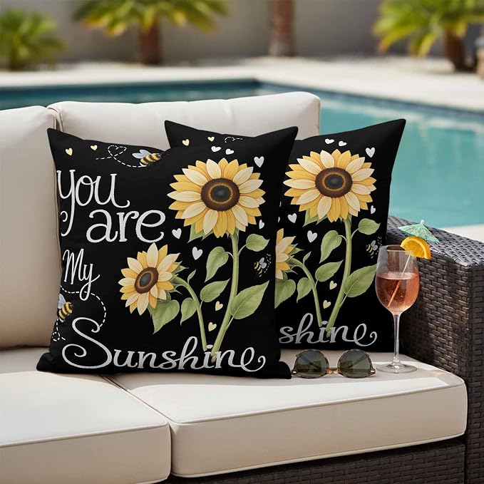 Outdoor Pillow Covers You are My Sunshine Words Decorative Throw Pillow Covers, Country Sunflowers Bees Throw Cushion Case with Zipper for Patio,Couch,Sofa,Garden 18x18in Set of 2