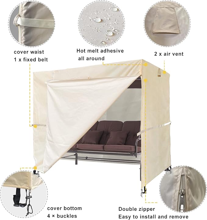 Outdoor 3 Triple Seater Hammock Swing Cover - Garden Glider Chair Canopy - UV Resistant (100 * 59 * 72 inch) Beige
