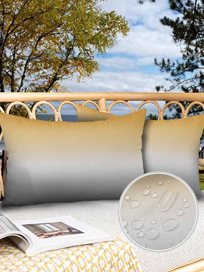 Outdoor Waterproof Throw Pillow Covers Set of 2 Yellow and Grey Ombre Lumbar Pillowcases 20x12 Inches Gradient Color Patio Decorative Pillows Cushion Case Patio Pillows for Couch Bed Chair Garden