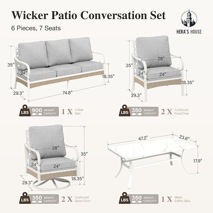 HERA'S HOUSE 6 Piece Metal Patio Furniture Set, All Weather Outdoor Conversation Set with 3-Seat Sofa, 2 Swivel Chairs, 2 Fixed Chairs & Coffee Table, 7 Seats for Backyard, Garden, Deck, White/Grey