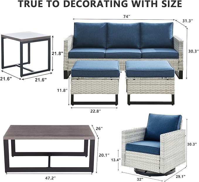 HUMMUH 7 Piece Patio Furniture Set Outdoor Sectional Sofa,High Back Patio Swivel Glider Chairs with Ottomans Coffee Table for Porch,Garden,Backyard…