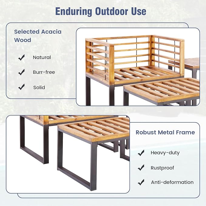 Tangkula 5 Pieces Acacia Wood Patio Furniture Set with Ottomans, Outdoor Conversation Set with Soft Cushions and Coffee Table for Poolside, Garden, Balcony and Backyard, Navy