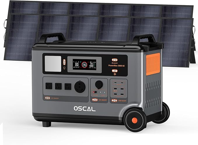 OSCAL Portable Power Station 3600Wh PowerMax 3600 SE With 2x500W Solar Panel, 3600W (Surge 7200W) Output, LiFePO4 Solar Generator for Home Use, Power Outage, Camping, RV, Emergencies