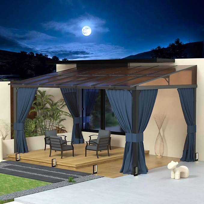 10' x 14' Lean to Gazebo,Large Wall Mount Heavy Duty Gazebos Pavilion,Outdoor Hardtop Pergola Shelter with Curtains and Netting,Sunshade for Patio Garden Lawn Backyard Deck,Navy Blue
