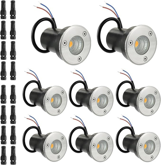 8 Pack Low Voltage Landscape Lights Well Lights 12-24V IP67 Waterproof In Ground Light and Outdoor Landscape Lighting for Garden Yard Driveway Deck Step Up Light with Connectors(Warm White)