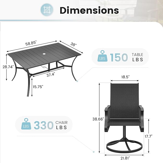 7 Pieces Patio Dining Set, Patio Outdoor Furniture Set of 6 Patio Swivel Dining Chairs and Patio Spliced Rectangular Tabletop with Umbrella Hole, for Deck, Backyard, Poolside & Garden