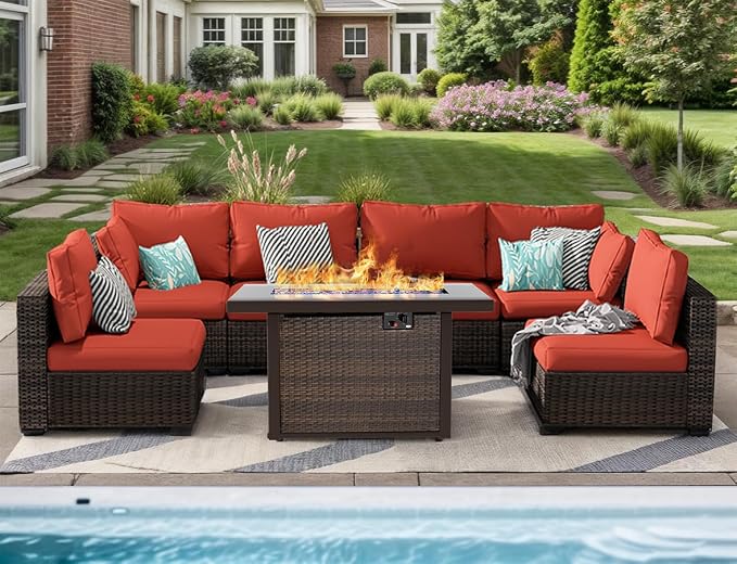 Patio Furniture Set 7 Pieces with 44" Fire Pit Table, Rattan Outdoor Sectional Conversation Sets, All Weather Outdoor Furniture Set with Cushions for Garden Lawn Balcony Porch Deck Red