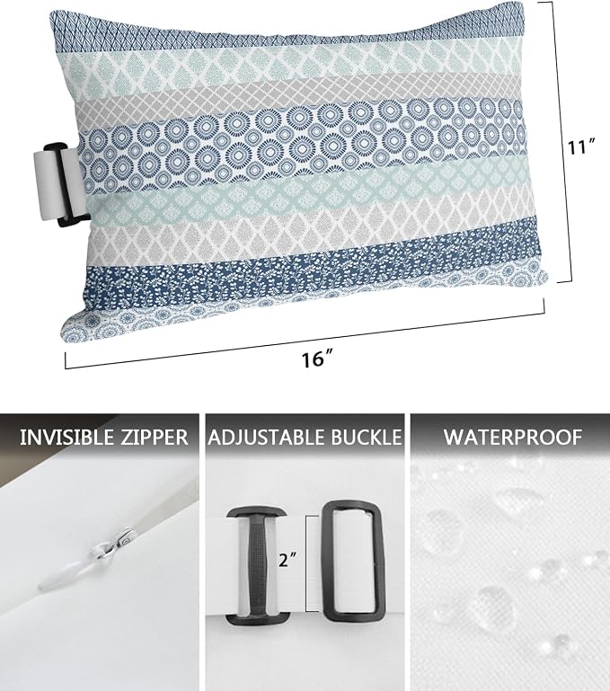 Outdoor Pillows Covers with Inserts Boho Geometric Floral Stripe Ethnic Blue Grey Waterproof Recliner Pillow with Adjustable Strap Throw Pillows for Patio Furniture Pool Lounge Chair, 11x16 inch, 2PCS