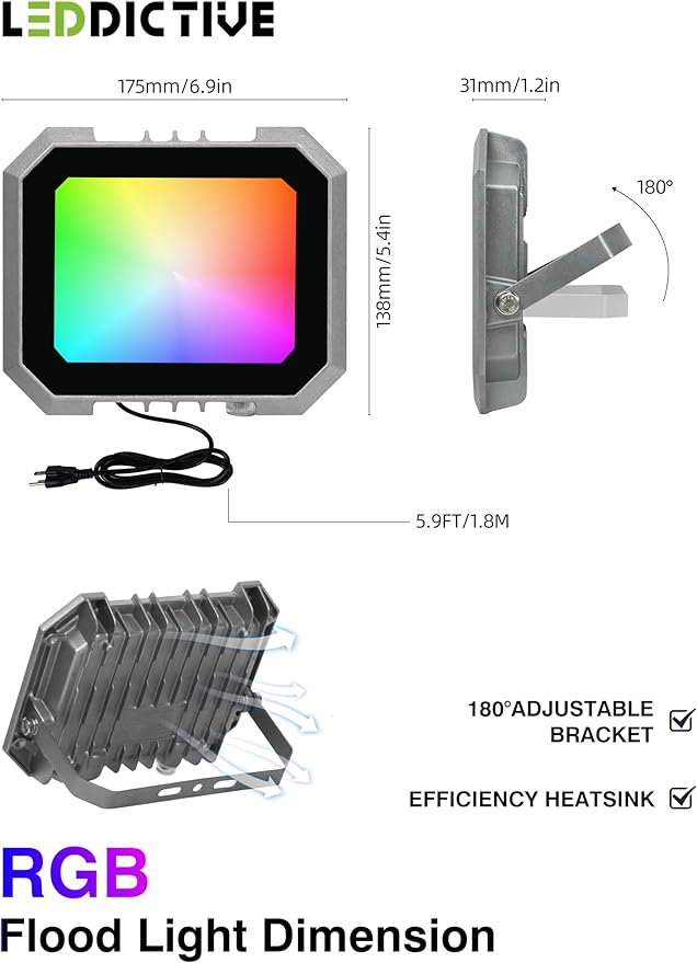 Leddictive 4 Pack RGB LED Flood Light 50W, 500W Equivalent 5000 LM Outdoor Landscape Flood Lights with 4 Remote, IP66 Waterproof Outdoor Light for Christmas Party Stage Uplight Wall Wash