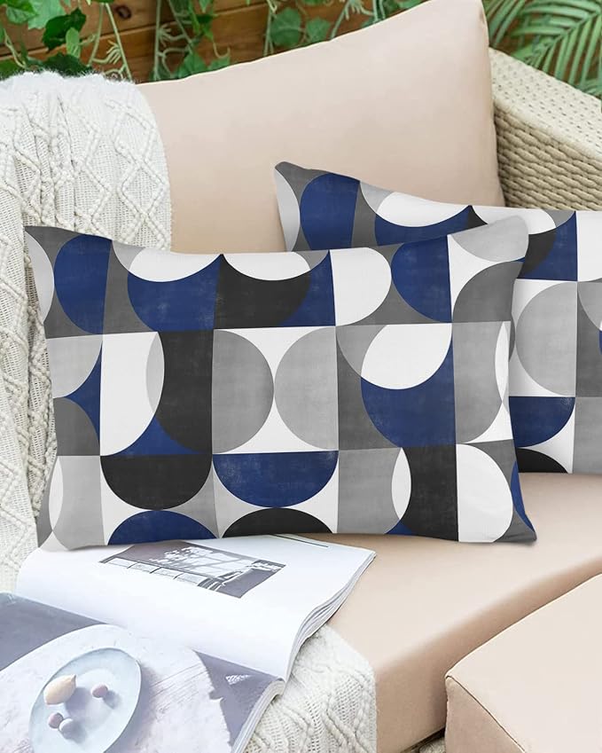 Vandarllin Outdoor Throw Pillows Covers 20x12 inch Set of 2 Waterproof Modern Blue Gray Geometric Decorative Zippered Cushion Covers for Patio Furniture, Abstract Mid Century Lumbar Pillowcases