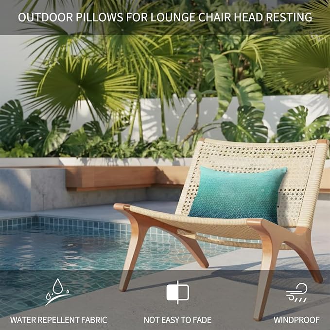 Chaise Lounge Headrest Pillow 1 Pack, Turquoise Ombre Waterproof Chair Pillows with Insert & Adjustable Elastic Strap for Beach Pool Recliner, Geometric Stained Glass Outdoor Patio Pillow
