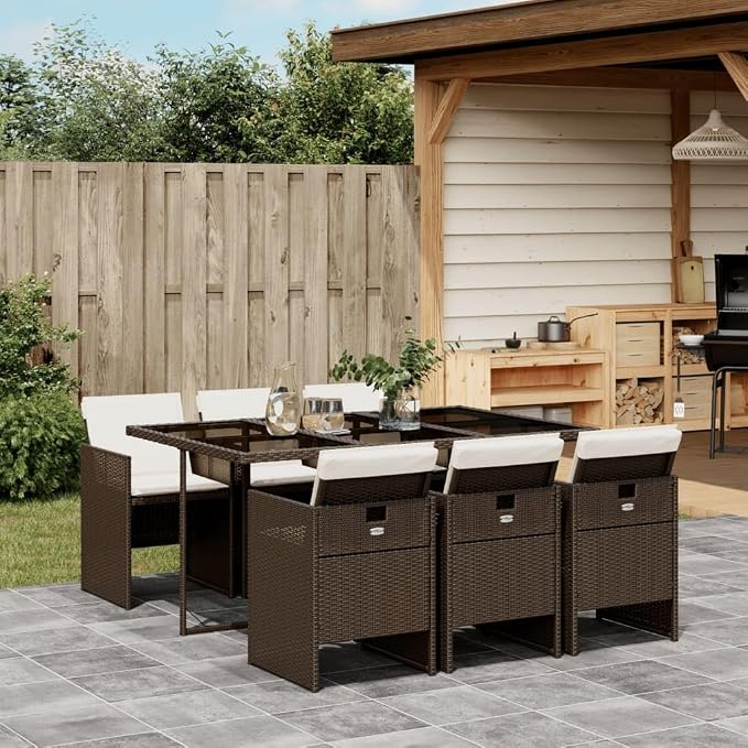 7 Piece Patio Dining Set with Cushions Brown Poly Rattan Outdoor Table and 6 Folding Chairs for Garden Backyard Dining, Tempered Glass UV-Proof, Removable Washable Cushion Covers, 242. 5 lb Capacity
