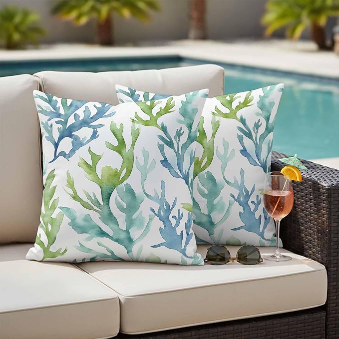 JasmineM Outdoor Pillow Cover 16x16 Inches Set of 2 Blue Teal Coral Waterproof Throw Pillow Covers Watercolor Green Decorative Pillowcases Garden Cushion Case for Patio Couch Sofa