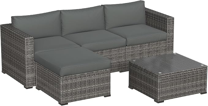 5 Pieces Outdoor Patio Furniture Set, Patio Sectional Furniture Set, All-Weather Wicker Rattan Patio Conversation Set with Washable Thick Cushions and Coffee Table, Outdoor Patio Sofa Couch Set, Grey