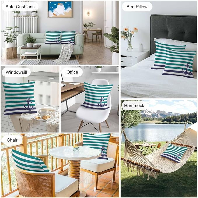 Throw Pillow Covers 18x18 Inch Set of 2, Anchor Teal Waterproof Outdoor Cushion Covers, Modern Navy Blue White Striped Nautical Decorative Pillowcases for Couch, Sofa, Bed, Garden, Patio
