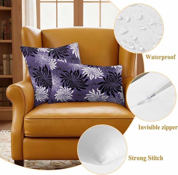 Yukro Purple Black Floral Outdoor Waterproof Pillow Covers Pack of 2, Vintage White Black Flower Purple Decorative Throw Pillowcases Cushion Covers for Garden Patio Tent Sofa Couch, 26x26 inch