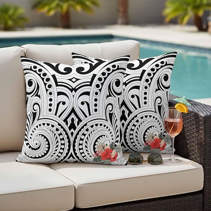 Outdoor Waterproof Throw Pillow Covers Set of 2 Polynesia Abstract Ethnic Pattern Pillowcases 18x18 Inches Boho Style Flower Decorative Pillows Cushion Case Patio Pillows for Couch Bed Chair Garden