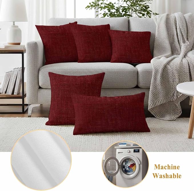 Outdoor Waterproof Throw Pillow Covers Set of 2 Wine Red Linen Pillowcases 26x26 Inches Farmhouse Pure Color Decorative Pillows Cushion Case Patio Pillows for Couch Bed Chair Garden