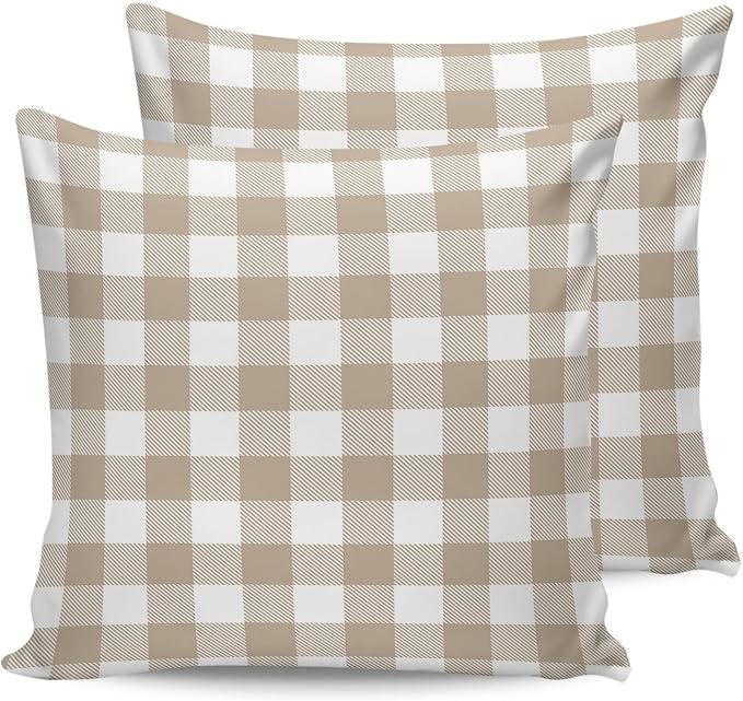 Outdoor Waterproof Throw Pillow Covers Set of 2 Khaki Buffalo Check Plaid Pillowcases 24x24 Inches Farmhouse Style Patio Decorative Pillows Cushion Case Patio Pillows for Couch Bed Chair Garden