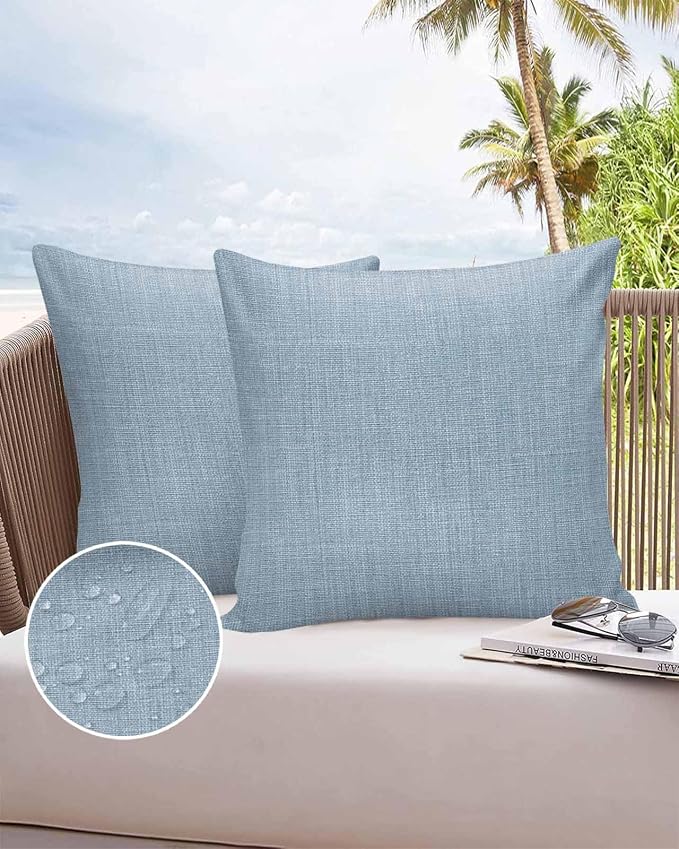 Vandarllin Outdoor Throw Pillows Covers 20x20 inch Set of 2 Waterproof Sky Blue Linen Decorative Zippered Cushion Covers for Patio Furniture, Farmhouse Pure Color Lumbar Pillowcases