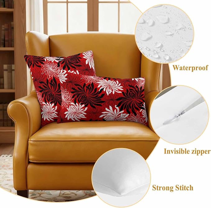 Yukro Red Black Floral Outdoor Waterproof Pillow Covers Pack of 2, Vintage White Black Flower Red Decorative Throw Pillowcases Cushion Covers for Garden Patio Tent Sofa Couch, 20x20 inch