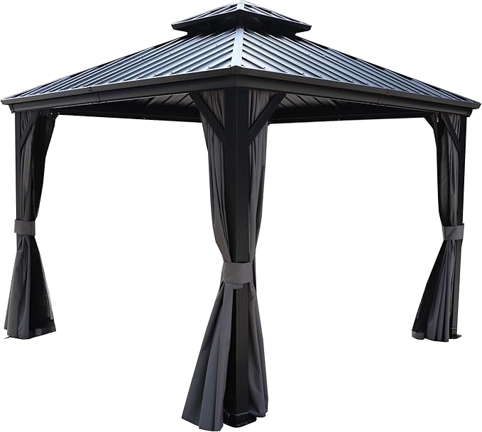 Kozyard Caesar 10'x10' Hardtop Gazebo - Permanent Metal Pavilion with Netting and Shaded Curtains for Patio, Backyard, and Deck - Galvanized Steel Outdoor Aluminum Canopy, Double Roof Gazebo (Grey)