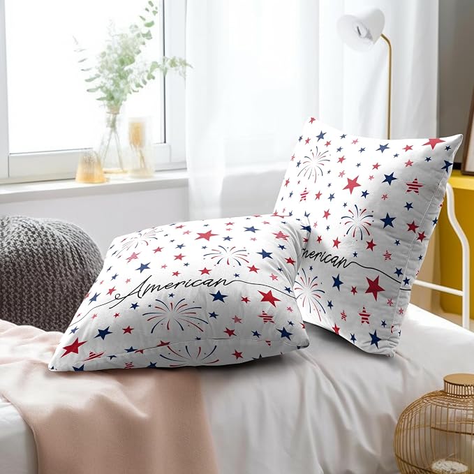 4th of July Pillow Covers 16x16 Inch Set of 2 Patriotic Red White Blue Summer Outdoor Throw Pillow Covers,Independence Memorial Day USA Flag Cushion Case for Sofa Couch Decor