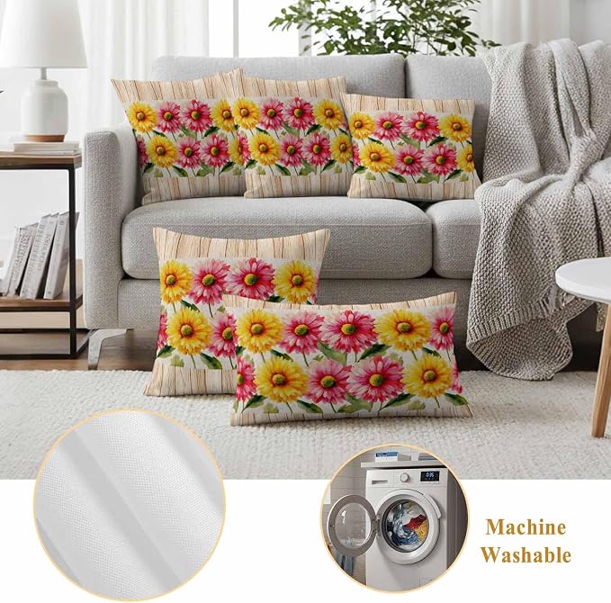 Yellow Pink Daisy Outdoor Pillow Covers 18"x18" Set of 2, Rustic Farmhouse Boho Brown Wood Grain Waterproof Throw Pillow Covers for Patio Furniture, Decorative Cushion Covers for Porch