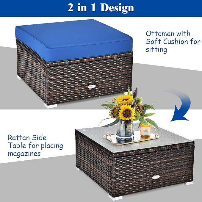 Tangkula 6 Pieces Wicker Patio Furniture Set, PE Rattan Outdoor Sectional Conversation Set with Glass Coffee Table & Ottoman, Wicker Sofa Set with Cushions for Yard Garden, Deck, Porch, Navy