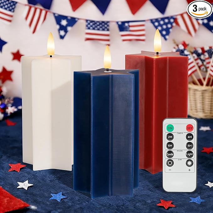 4th of July Flameless Candles with Remote, Red White and Blue Patriotic LED Candles, Battery Operated Star Shaped Decorative Candles for Independence Day Home Party Decor, Set of 3