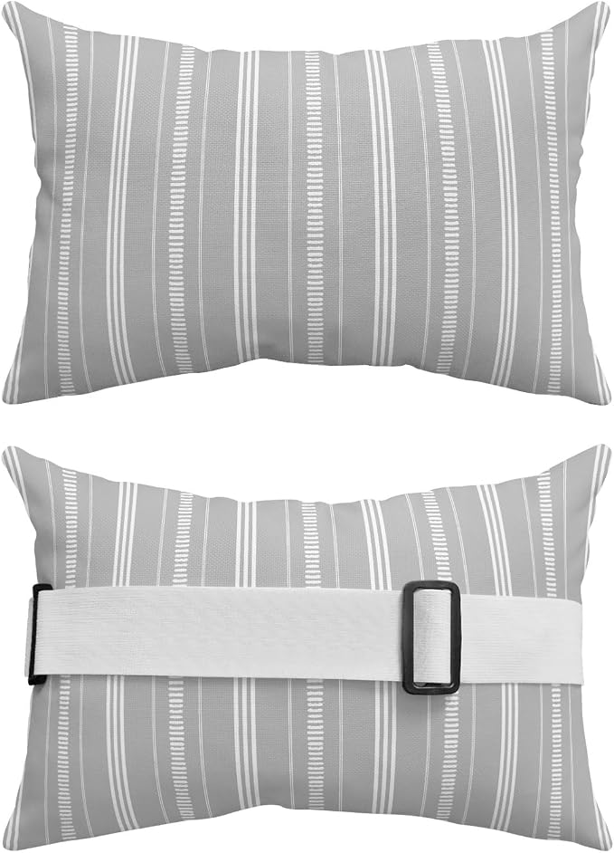 Outdoor Lumbar Pillow 11x16 Inch, Boho Grey Waterproof Throw Pillow Covers with Insert, Minimalist Farmhouse Striped Decorative Chair Cushions for Patio Garden Recliner